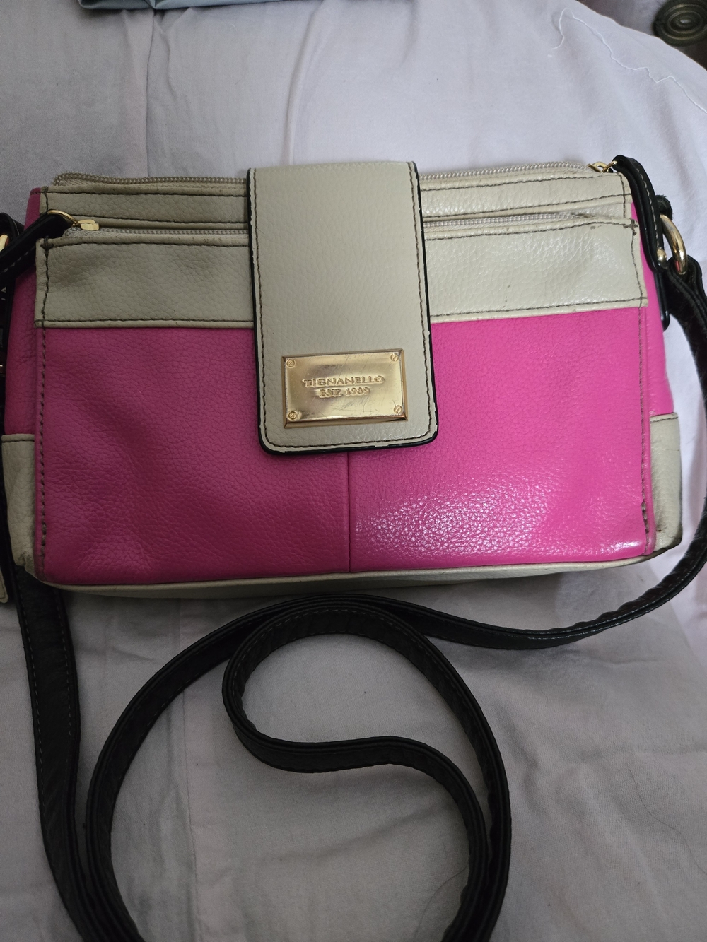 Tignanello Pink and Cream Colorblock Crossbody with Black Strap